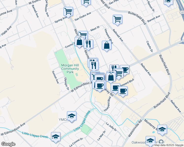 map of restaurants, bars, coffee shops, grocery stores, and more near 16145 Monterey Road in Morgan Hill