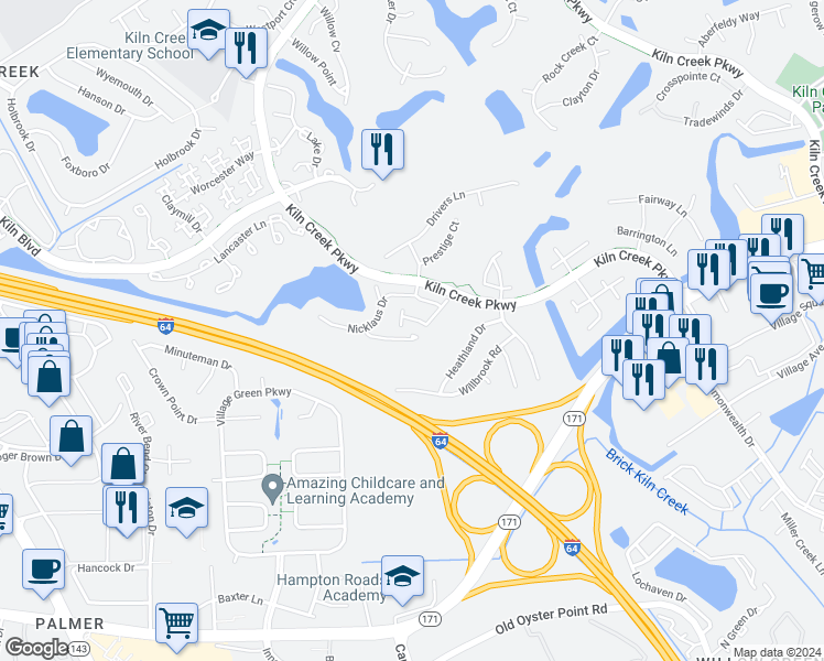 map of restaurants, bars, coffee shops, grocery stores, and more near 129 Sarazen Court in Newport News