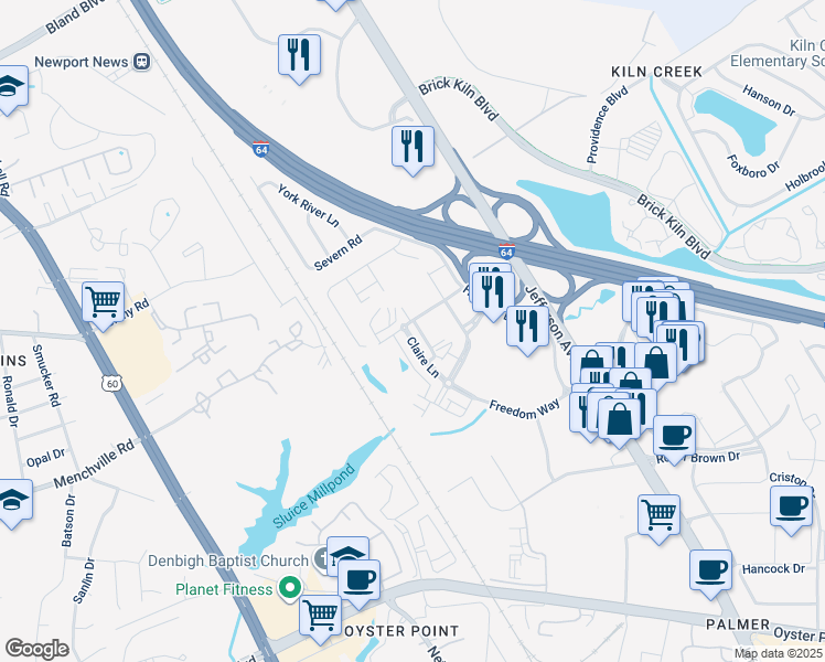 map of restaurants, bars, coffee shops, grocery stores, and more near 680 Claire Lane in Newport News