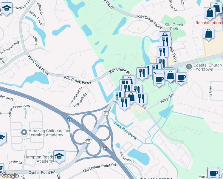 map of restaurants, bars, coffee shops, grocery stores, and more near 808 Sandy Bay Cove in Newport News