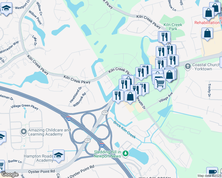 map of restaurants, bars, coffee shops, grocery stores, and more near 808 Sandy Bay Cove in Newport News
