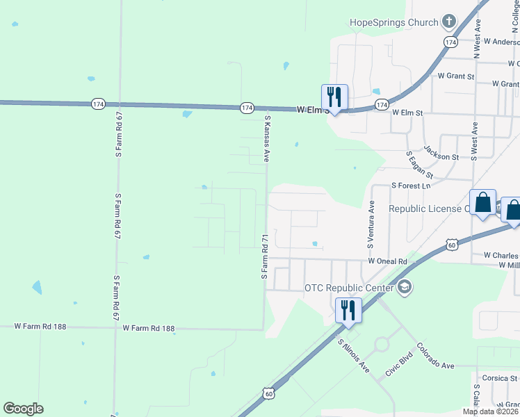 map of restaurants, bars, coffee shops, grocery stores, and more near 490 South Farm Road 71 in Republic