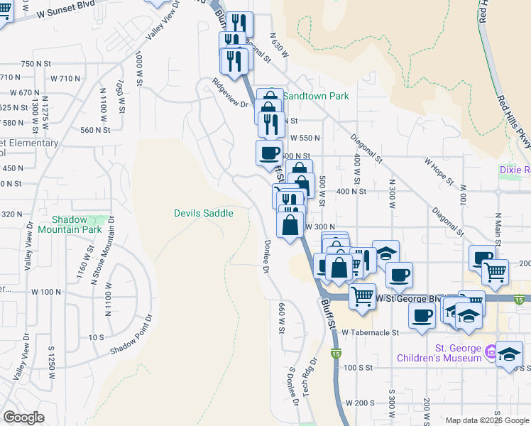 map of restaurants, bars, coffee shops, grocery stores, and more near 332 North Donlee Drive in St. George