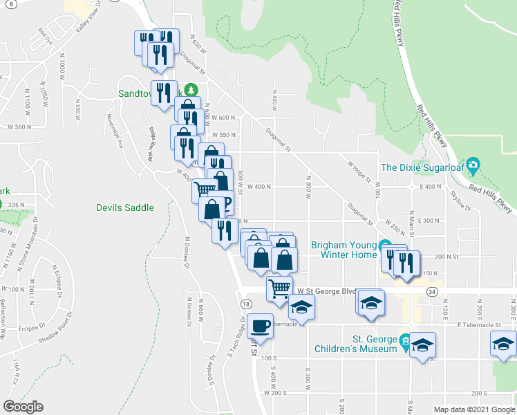 map of restaurants, bars, coffee shops, grocery stores, and more near 366 500 West Street in St. George