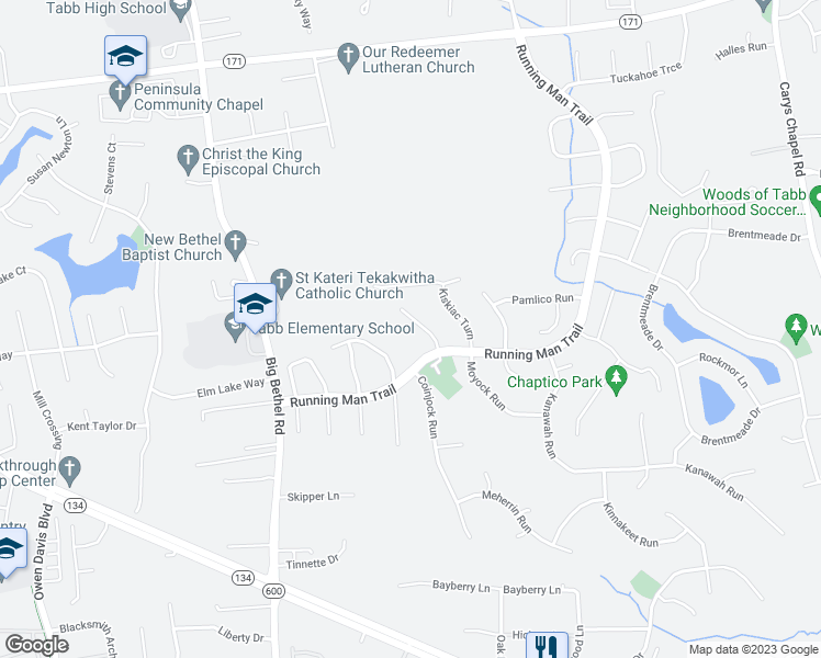 map of restaurants, bars, coffee shops, grocery stores, and more near 107 Calumet Turn in Yorktown