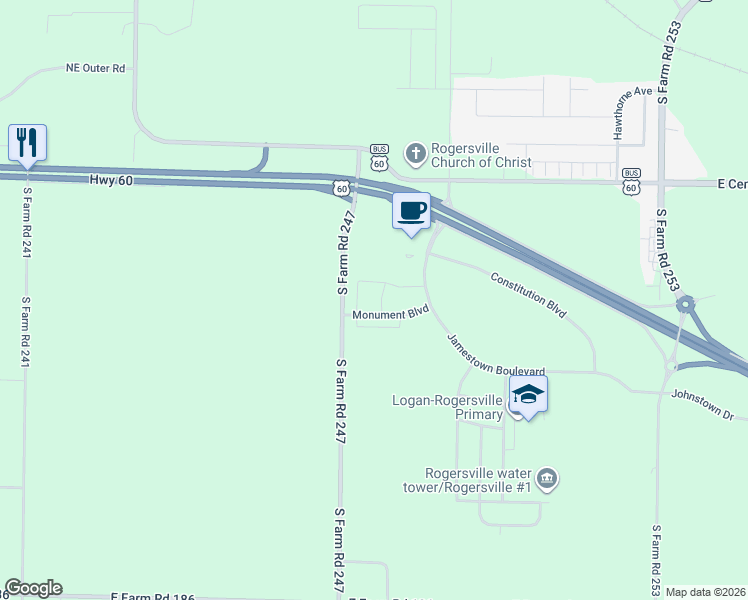 map of restaurants, bars, coffee shops, grocery stores, and more near 1105 Monument Boulevard in Rogersville