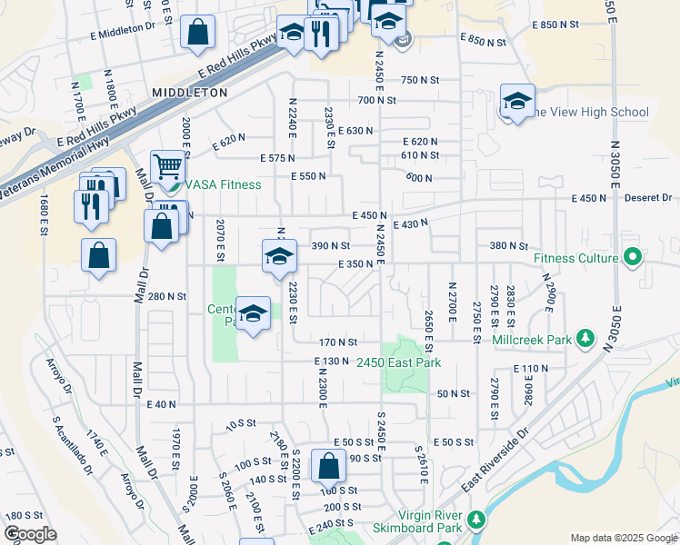 map of restaurants, bars, coffee shops, grocery stores, and more near 345 North 2450 East in St. George