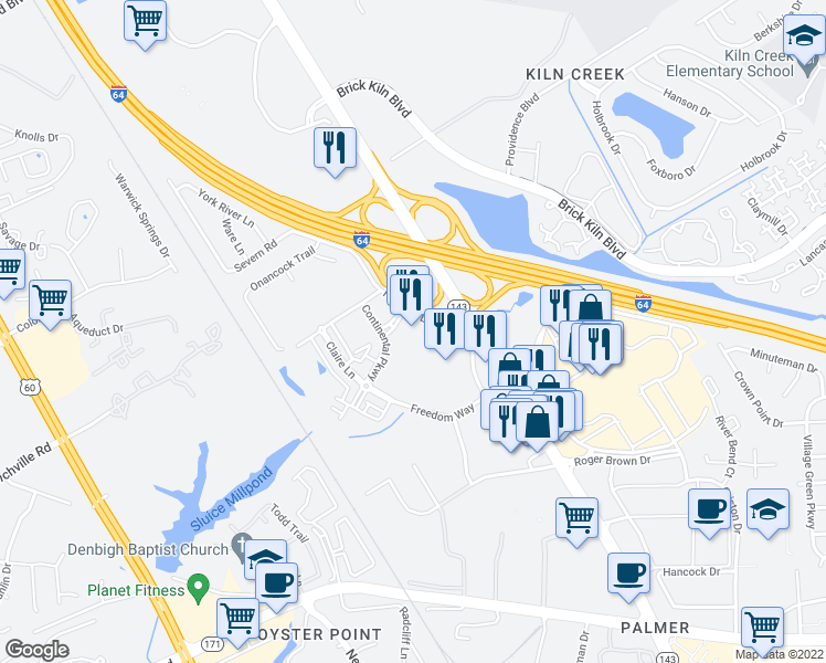 map of restaurants, bars, coffee shops, grocery stores, and more near 12361 Hornsby Lane in Newport News