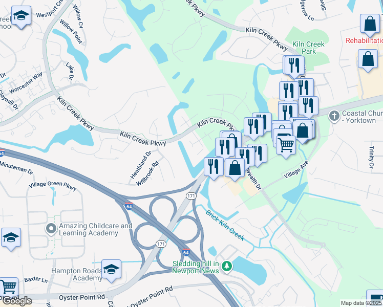 map of restaurants, bars, coffee shops, grocery stores, and more near 819 Sandy Bay Cove in Newport News