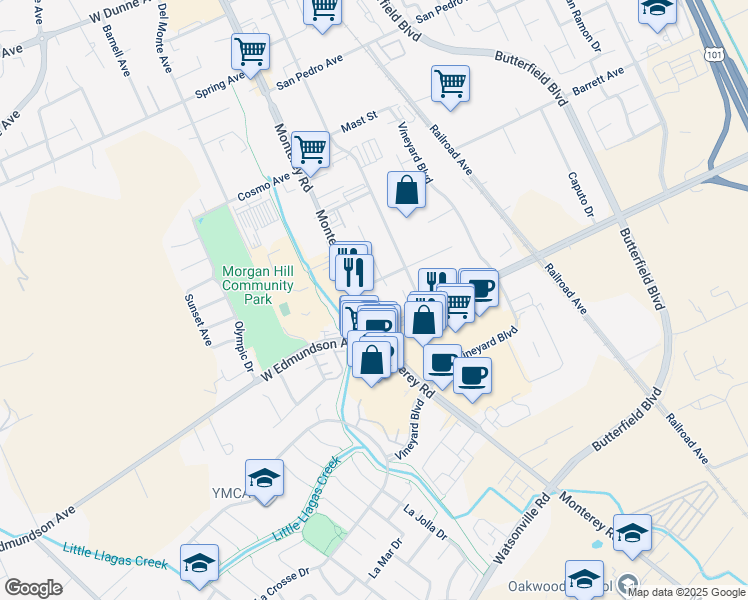 map of restaurants, bars, coffee shops, grocery stores, and more near 16125 Keith Way in Morgan Hill