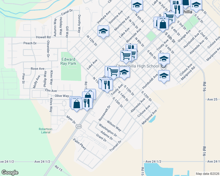 map of restaurants, bars, coffee shops, grocery stores, and more near 1347 West Robertson Boulevard in Chowchilla