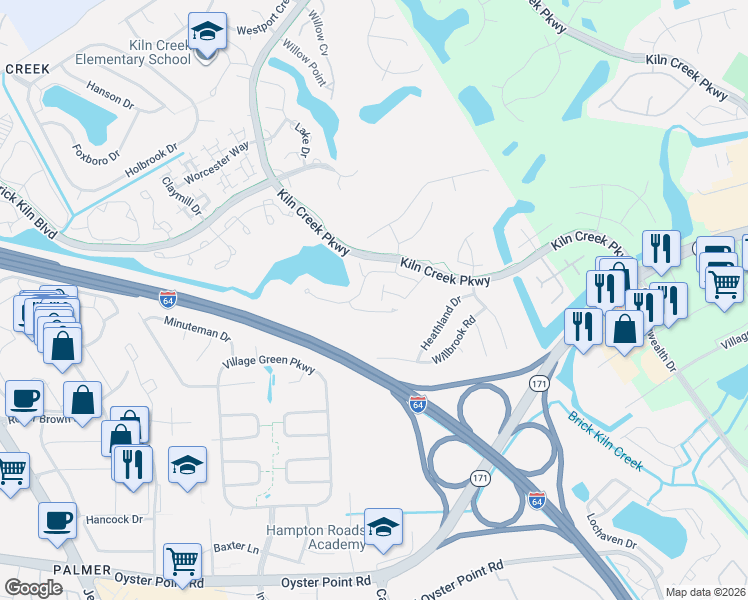 map of restaurants, bars, coffee shops, grocery stores, and more near 929 Nicklaus Drive in Newport News