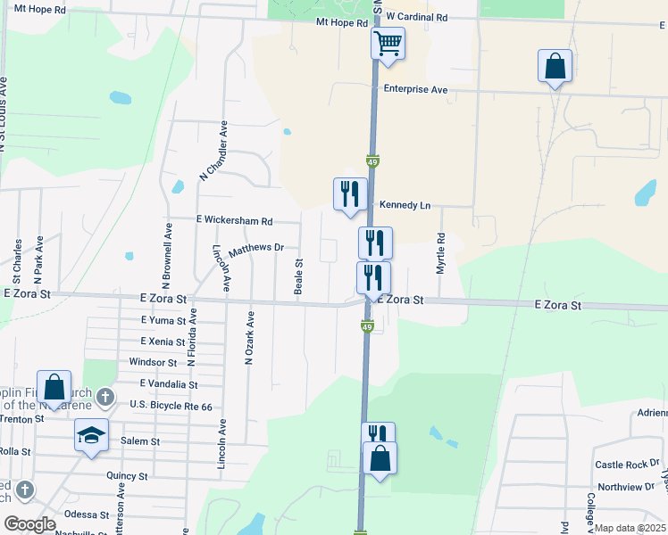 map of restaurants, bars, coffee shops, grocery stores, and more near 2804 North Highview Avenue in Joplin