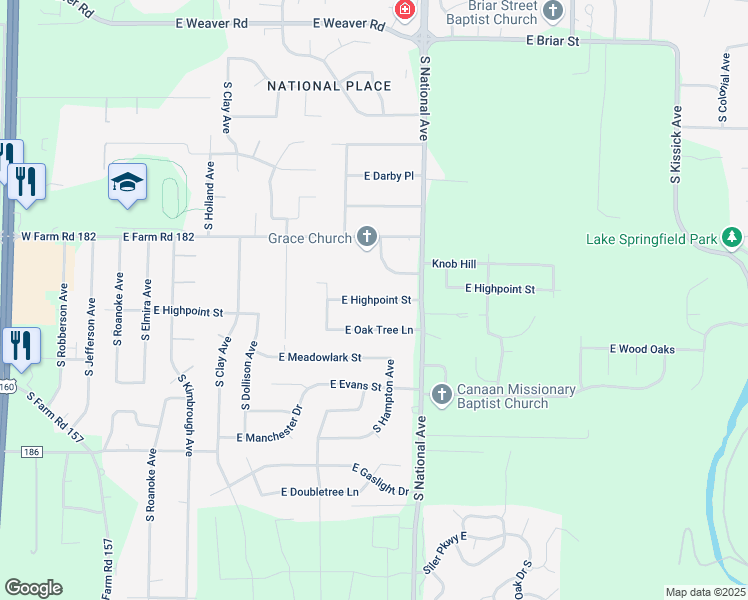 map of restaurants, bars, coffee shops, grocery stores, and more near 1129 East Highpoint Street in Springfield
