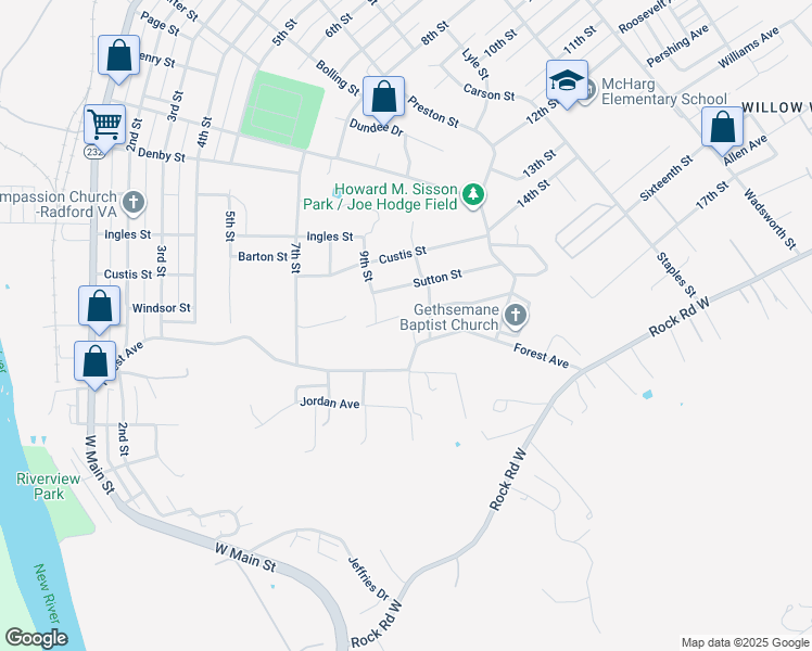 map of restaurants, bars, coffee shops, grocery stores, and more near 921 Forest Avenue in Radford