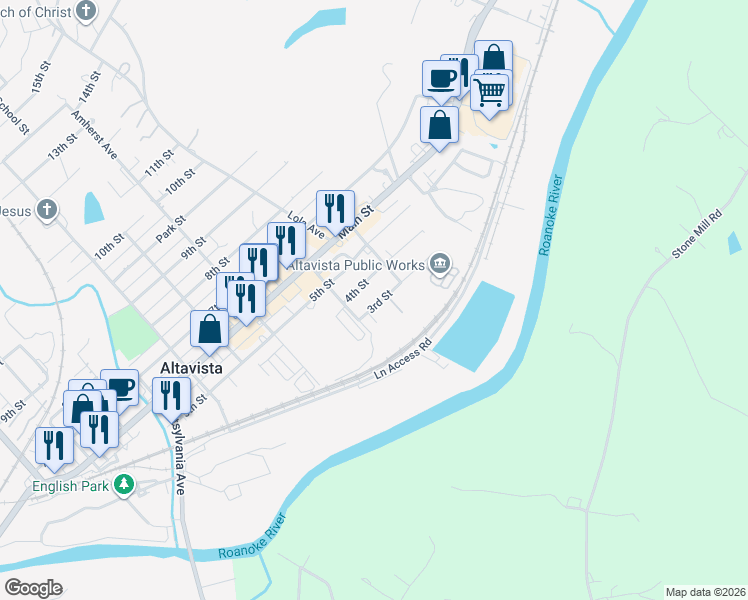 map of restaurants, bars, coffee shops, grocery stores, and more near 1197-1203 4th Street in Altavista