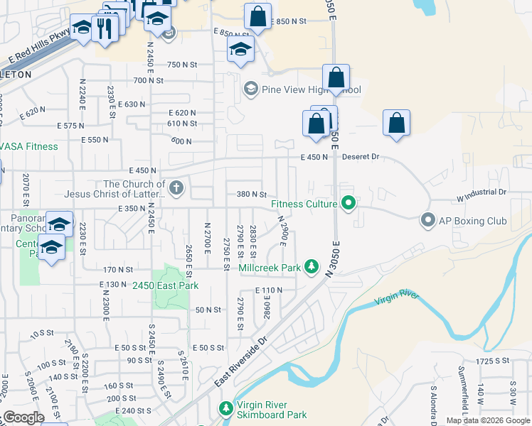 map of restaurants, bars, coffee shops, grocery stores, and more near 2870 East 350 North in St. George