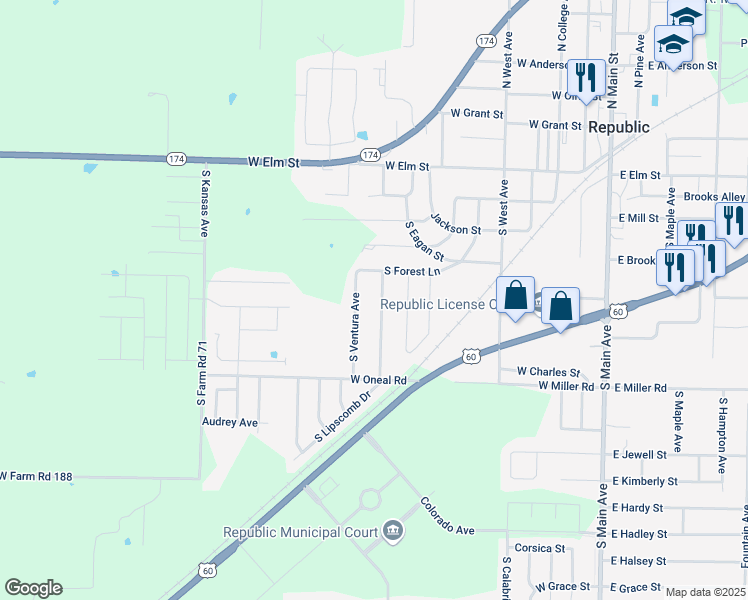 map of restaurants, bars, coffee shops, grocery stores, and more near 409 South Concordia Avenue in Republic