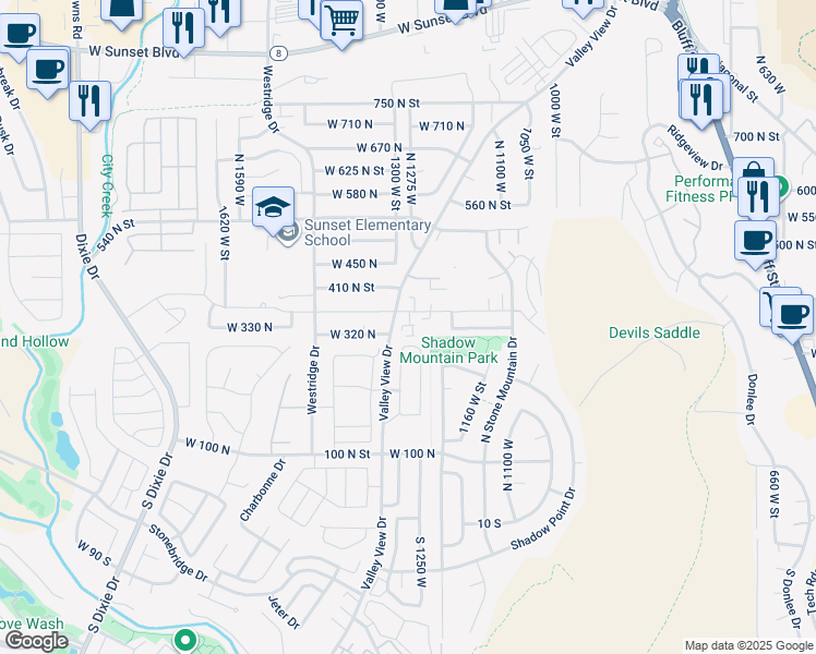 map of restaurants, bars, coffee shops, grocery stores, and more near 360 North Valley View Drive in St. George