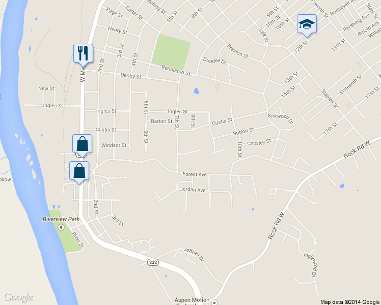 map of restaurants, bars, coffee shops, grocery stores, and more near Summit Ridge in Radford