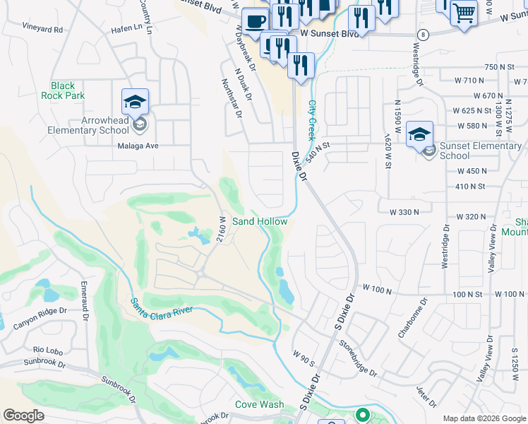 map of restaurants, bars, coffee shops, grocery stores, and more near 1957 West 350 North in St. George