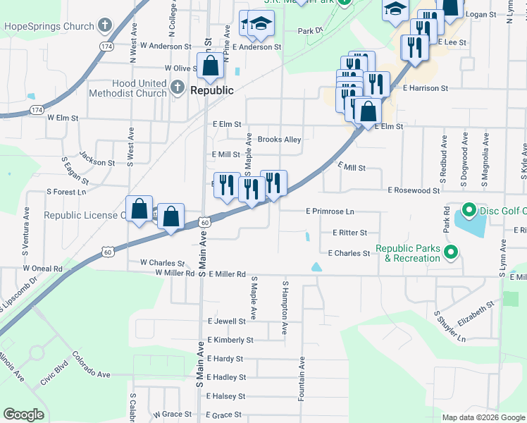 map of restaurants, bars, coffee shops, grocery stores, and more near 228 U.S. 60 in Republic