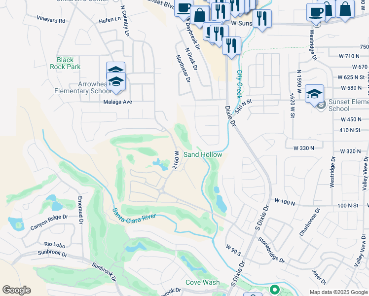 map of restaurants, bars, coffee shops, grocery stores, and more near 340 North Country Lane in St. George