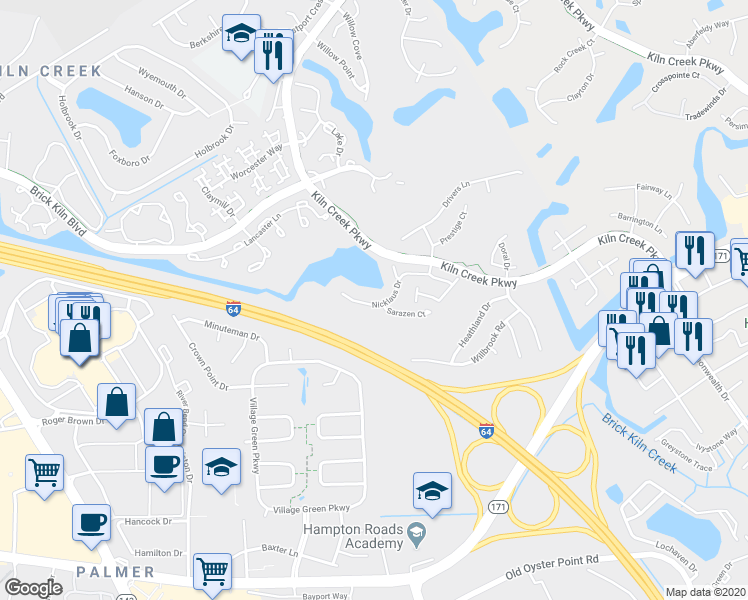 map of restaurants, bars, coffee shops, grocery stores, and more near 949 Nicklaus Drive in Newport News