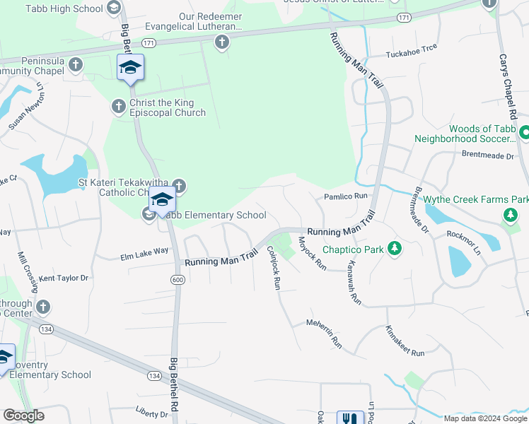 map of restaurants, bars, coffee shops, grocery stores, and more near 107 Calumet Turn in Yorktown
