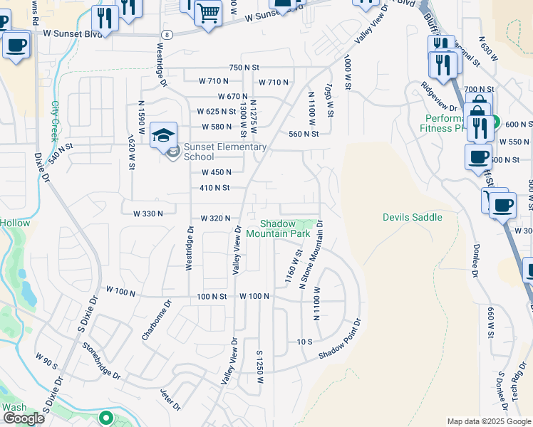 map of restaurants, bars, coffee shops, grocery stores, and more near 1287 West 360 North in St. George