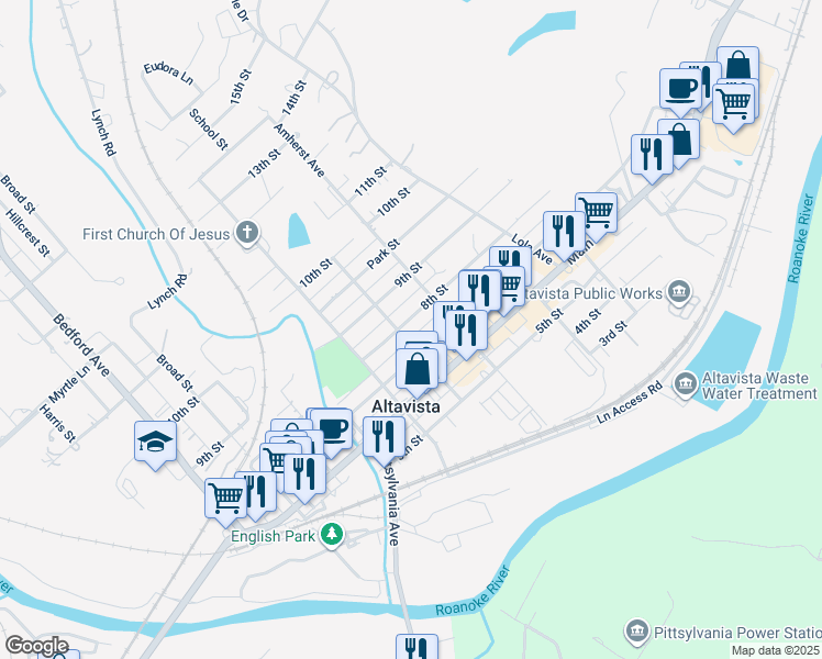 map of restaurants, bars, coffee shops, grocery stores, and more near 903 8th Street in Altavista