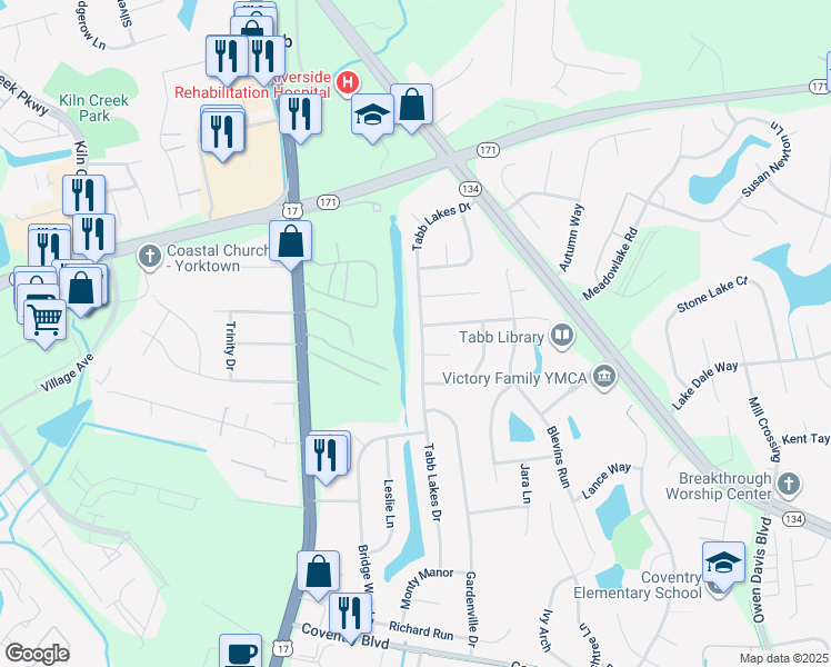 map of restaurants, bars, coffee shops, grocery stores, and more near 600 Tabb Lakes Drive in Yorktown