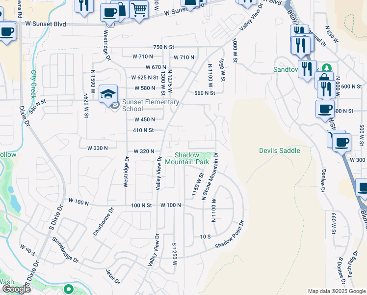 map of restaurants, bars, coffee shops, grocery stores, and more near 1235 West 360 North in St. George