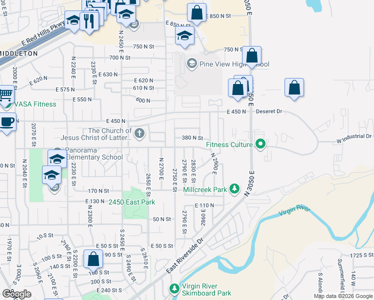 map of restaurants, bars, coffee shops, grocery stores, and more near 2804 East 350 North in St. George