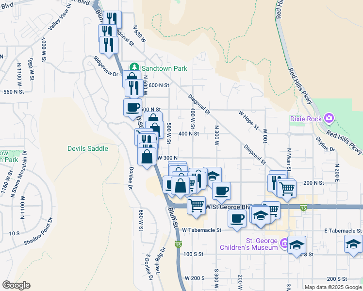map of restaurants, bars, coffee shops, grocery stores, and more near 366 500 West Street in St. George