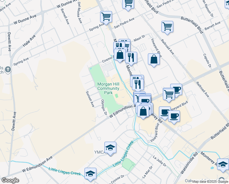 map of restaurants, bars, coffee shops, grocery stores, and more near 191 East Dunne Avenue in Morgan Hill