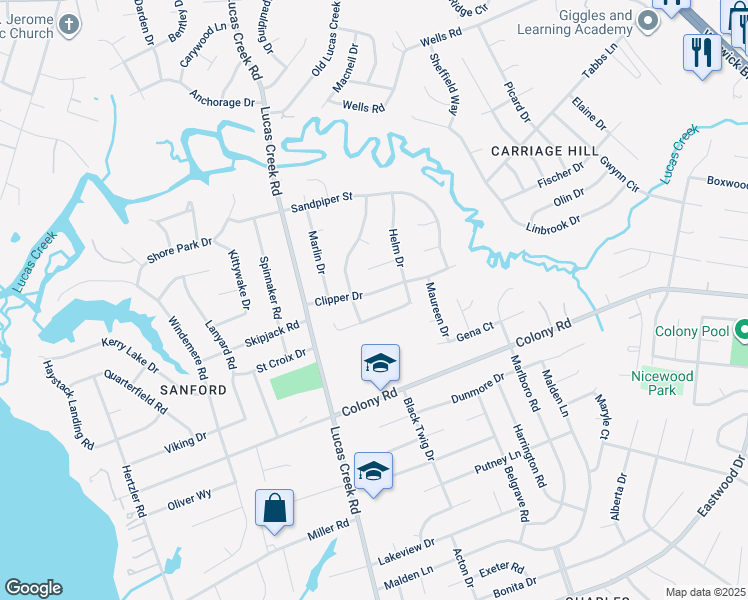map of restaurants, bars, coffee shops, grocery stores, and more near 120 Clipper Drive in Newport News