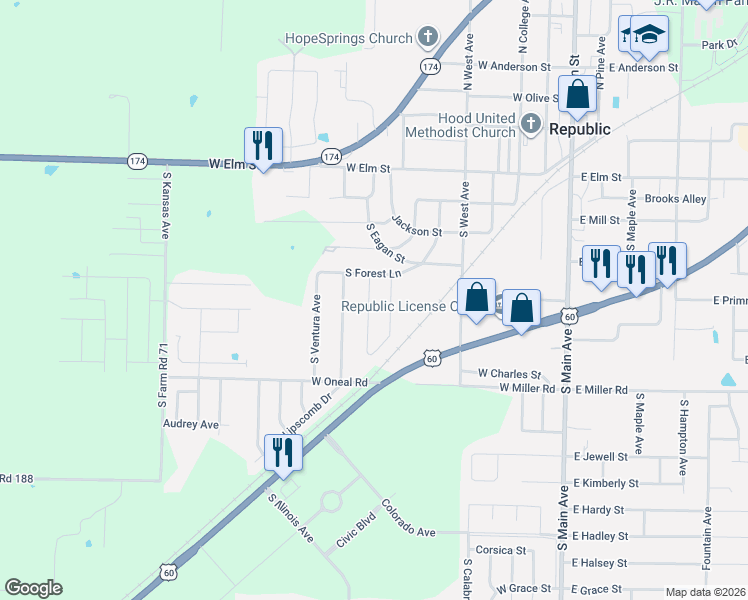 map of restaurants, bars, coffee shops, grocery stores, and more near 420 Ethan Avenue in Republic
