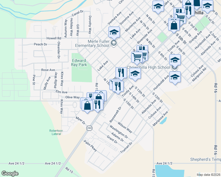 map of restaurants, bars, coffee shops, grocery stores, and more near 120 North 15th Street in Chowchilla