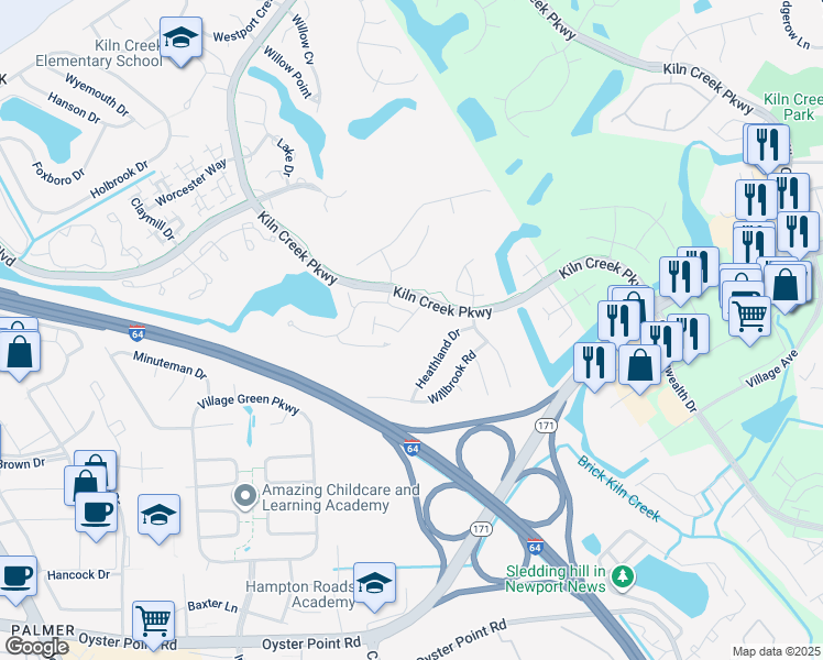 map of restaurants, bars, coffee shops, grocery stores, and more near 131 Watson Drive in Newport News