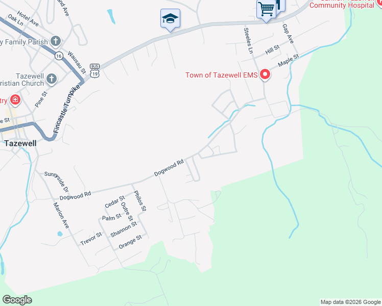 map of restaurants, bars, coffee shops, grocery stores, and more near 799 Dogwood Road in Tazewell