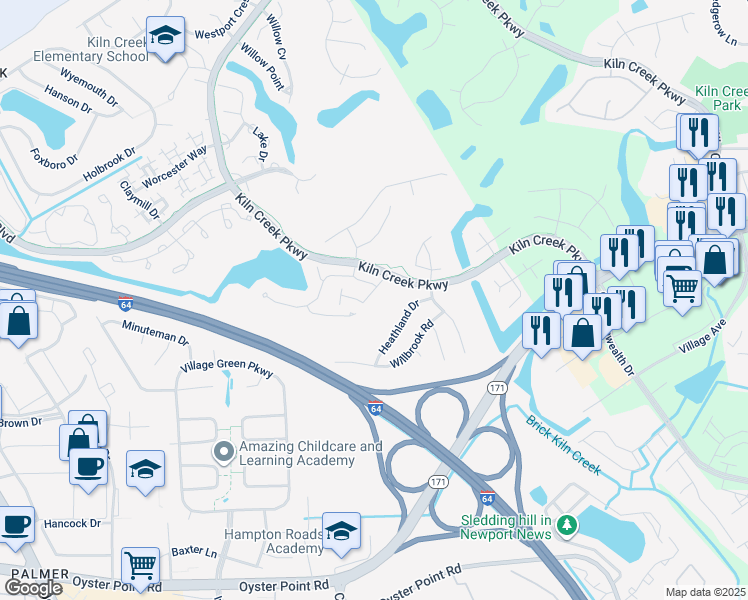 map of restaurants, bars, coffee shops, grocery stores, and more near 131 Watson Drive in Newport News