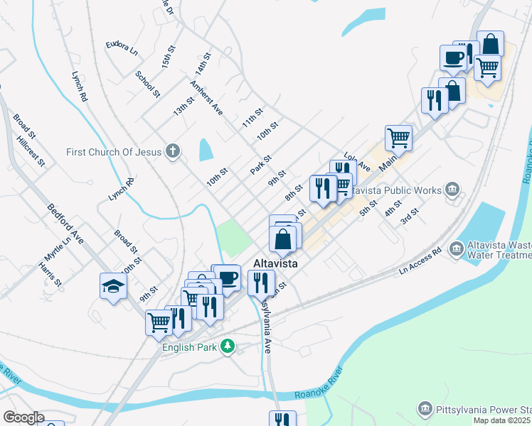 map of restaurants, bars, coffee shops, grocery stores, and more near 818 8th Street in Altavista