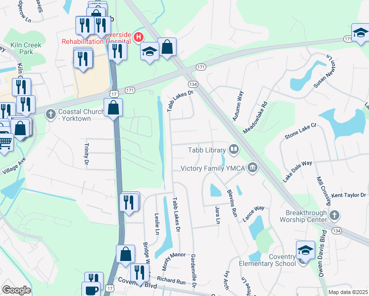map of restaurants, bars, coffee shops, grocery stores, and more near 106 Jonathan Junction in Yorktown
