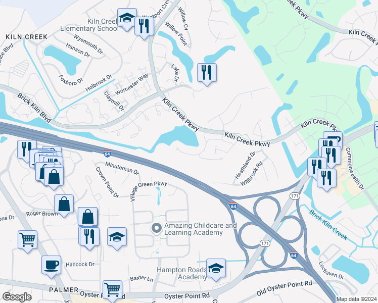 map of restaurants, bars, coffee shops, grocery stores, and more near 957 Nicklaus Drive in Newport News