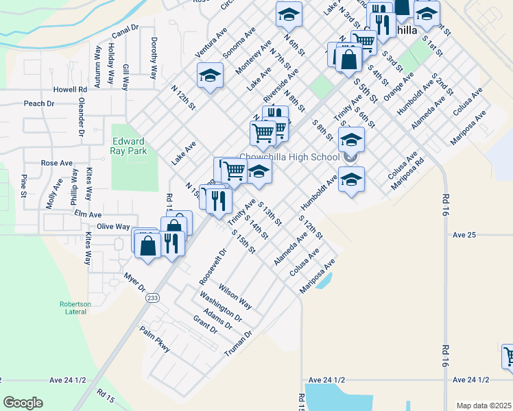 map of restaurants, bars, coffee shops, grocery stores, and more near 230 South 13th Street in Chowchilla