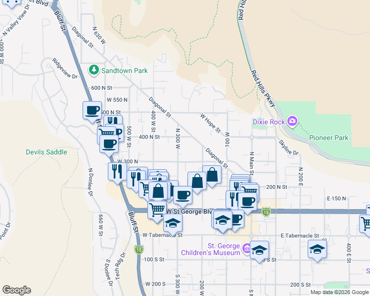 map of restaurants, bars, coffee shops, grocery stores, and more near 356 North 300 West in St. George