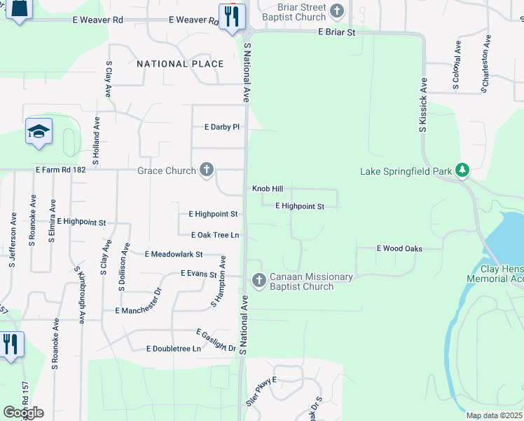 map of restaurants, bars, coffee shops, grocery stores, and more near 1222 East Highpoint Street in Springfield
