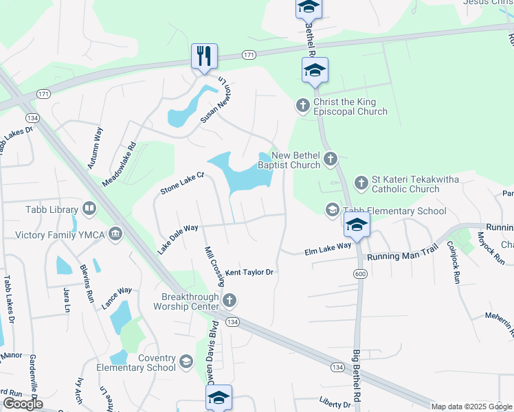 map of restaurants, bars, coffee shops, grocery stores, and more near 103 Jonquil Court in Yorktown