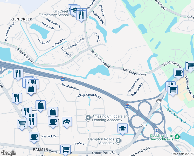 map of restaurants, bars, coffee shops, grocery stores, and more near 972 Nicklaus Drive in Newport News
